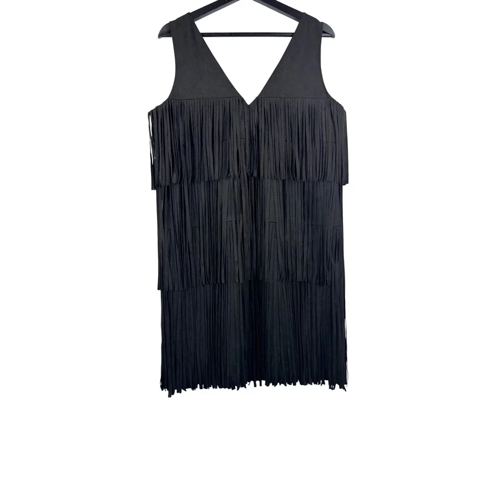 Avec Les Filles Fringe‎ Dress sz 8 Black Faux Suede Tiered western coachella